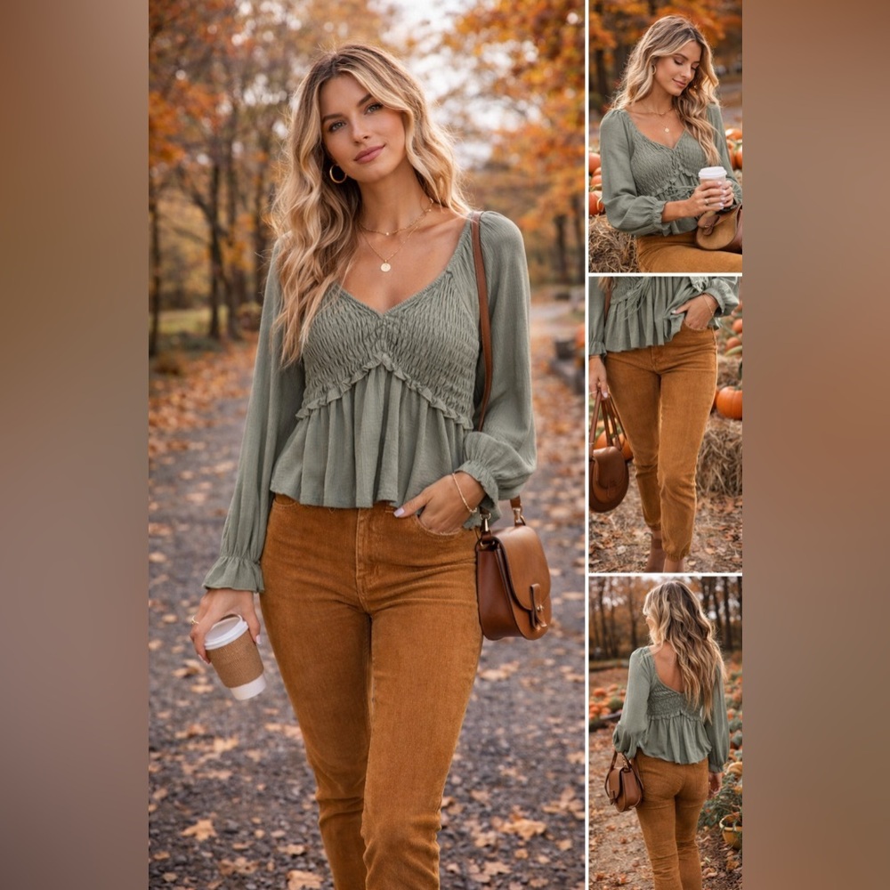 Altar’d State Boho Smocked Peplum Top Size Medium Sage Green